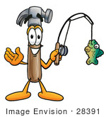 #28391 Clip Art Graphic Of A Hammer Tool Cartoon Character Holding A Fish On A Fishing Pole
