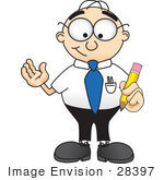 #28397 Clip Art Graphic Of A Geeky Caucasian Businessman Cartoon Character Holding A Pencil