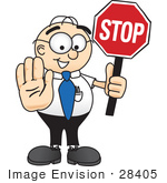 #28405 Clip Art Graphic Of A Geeky Caucasian Businessman Cartoon Character Holding A Stop Sign