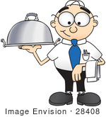 #28408 Clip Art Graphic Of A Geeky Caucasian Businessman Cartoon Character Serving A Platter