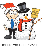 #28412 Clip Art Graphic Of A Geeky Caucasian Businessman Cartoon Character With A Snowman On Christmas