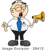 #28413 Clip Art Graphic Of A Geeky Caucasian Businessman Cartoon Character Screaming Into A Megaphone
