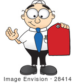 #28414 Clip Art Graphic Of A Geeky Caucasian Businessman Cartoon Character Holding A Red Sales Price Tag