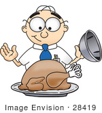 #28419 Clip Art Graphic Of A Geeky Caucasian Businessman Cartoon Character Serving A Thanksgiving Turkey On A Platter