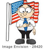 #28420 Clip Art Graphic Of A Geeky Caucasian Businessman Cartoon Character Pledging Allegiance To An American Flag