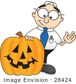 #28424 Clip Art Graphic Of A Geeky Caucasian Businessman Cartoon Character With A Carved Halloween Pumpkin