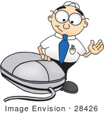#28426 Clip Art Graphic Of A Geeky Caucasian Businessman Cartoon Character With A Computer Mouse