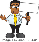 #28442 Clip Art Graphic Of A Geeky African American Businessman Cartoon Character Holding A Blank Sign