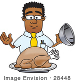 #28448 Clip Art Graphic Of A Geeky African American Businessman Cartoon Character Serving A Thanksgiving Turkey On A Platter