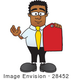 #28452 Clip Art Graphic Of A Geeky African American Businessman Cartoon Character Holding A Red Sales Price Tag