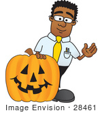 #28461 Clip Art Graphic Of A Geeky African American Businessman Cartoon Character With A Carved Halloween Pumpkin