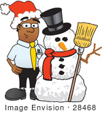 #28468 Clip Art Graphic Of A Geeky African American Businessman Cartoon Character With A Snowman On Christmas