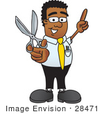 #28471 Clip Art Graphic Of A Geeky African American Businessman Cartoon Character Holding A Pair Of Scissors
