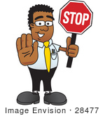 #28477 Clip Art Graphic Of A Geeky African American Businessman Cartoon Character Holding A Stop Sign
