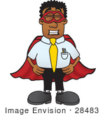 #28483 Clip Art Graphic Of A Geeky African American Businessman Cartoon Character Dressed As A Super Hero