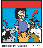 #28964 Cartoon Clip Art Graphic Of A Woman Surrounded By Dogs In An Animal Shelter Thinking Of Which One To Adopt