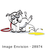 #28974 Cartoon Clip Art Graphic Of A White Dog On A Leash Lifting His Leg And Urinating