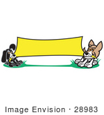 #28983 Cartoon Clip Art Graphic Of A Two Dogs Playing Tug Of War With A Blank Yellow Banner