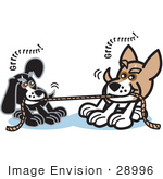 #28996 Cartoon Clip Art Graphic Of A Two Dogs Growling While Playing Tug Of War With A Rope