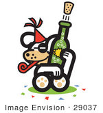 #29037 Royalty-Free Cartoon Clip Art Of A Dog Popping A Cork Off Of A Bottle Of Champagne At A New Year’S Party