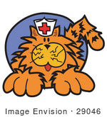 #29046 Royalty-Free Cartoon Clip Art Of An Orange Cat Wearing A White Nursing Hat With A Red Cross On It