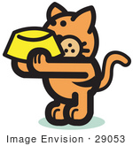 #29053 Royalty-Free Cartoon Clip Art Of A Hungry Orange Cat Holding Up A Yellow Food Dish Waiting To Be Fed