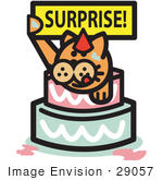 #29057 Royalty-Free Cartoon Clip Art Of A Ginger Cat Holding A Surprise Sign And Popping Out Of A Birthday Cake