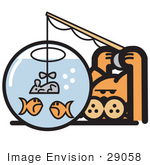 #29058 Royalty-Free Cartoon Clip Art Of An Orange Cat Trying To Fool Goldfish In A Bowl By Using A Mouse As A Fishing Lure