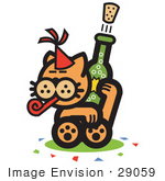 #29059 Royalty-Free Cartoon Clip Art Of An Orange Cat Wearing A Party Hat Blowing A Party Blower And Popping A Cork Off Of A Bottle Of Champagne