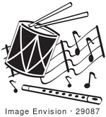 #29087 Royalty-Free Black And White Cartoon Clip Art Of Drumsticks On A Drum And A Flute Over Musical Notes