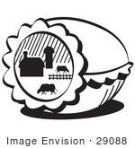 #29088 Royalty-Free Black And White Cartoon Clip Art Of A Easter Egg With A Farm Scene Of Cows Grazing In A Pasture Near A Barn