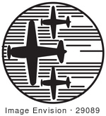 #29089 Royalty-Free Black And White Cartoon Clip Art Of Three Airplanes Speeding Through The Sky During An Air Show On Independence Day