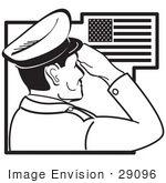 #29096 Royalty-Free Black And White Cartoon Clip Art Of A Military Man Saluting The American Flag On The Fourth Of July