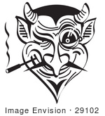 #29102 Royalty-Free Black And White Cartoon Clip Art Of An Evil And Greedy Devil Smoking And Grinning
