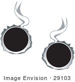 #29103 Royalty-Free Black And White Cartoon Clip Art Of Two Hot Bullet Holes Through Metal Smoking