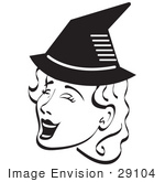 #29104 Royalty-Free Black And White Cartoon Clip Art Of A Pretty Woman Singing And Wearing A Pointy Black Witch Hat On Halloween
