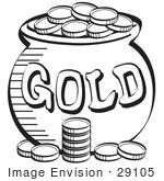 #29105 Royalty-free Black and White Cartoon Clip Art of a Stack Of Coins Near A Pot Of Leprechaun’s Gold by Andy Nortnik