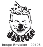 #29106 Royalty-Free Black And White Cartoon Clip Art Of A Jolly Freckled Boy With A Clown Nose Party Hat And Collar Laughing