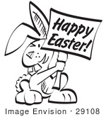 #29108 Royalty-free Black and White Cartoon Clip Art of a Buck Toothed Bunny Rabbit Holding a Happy Easter Sign by Andy Nortnik