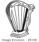 #29109 Royalty-Free Black And White Cartoon Clip Art Of A Harp Instrument Over A White Background