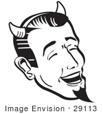 #29113 Royalty-Free Black And White Cartoon Clip Art Of A Man Wearing Horns And A Goatee Laughing Devilishly On Halloween