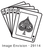 #29114 Royalty-free Black and White Cartoon Clip Art of a Hand Of Cards Showing A 10, Jack, Queen, King And Ace Of Spades by Andy Nortnik