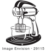 #29115 Royalty-Free Black And White Cartoon Clip Art Of An Electric Mixer In A Kitchen