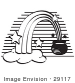 #29117 Royalty-Free Black And White Cartoon Clip Art Of A Pot Of Gold At The End Of A Rainbow