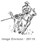 #29119 Royalty-Free Black And White Cartoon Clip Art Of A Roper Cowboy On A Horse Using A Lasso To Catch A Cow Or Horse