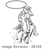 #29125 Royalty-Free Black And White Cartoon Clip Art Of A Roper Cowboy On A Horse Swinging A Lasso To Catch A Cow Or Horse