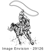 #29126 Royalty-Free Black And White Cartoon Clip Art Of A Roper Cowboy On A Horse Using A Lasso To Catch A Cow Or Horse