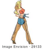#29133 Royalty-Free Cartoon Clip Art Of A Sexy Blond Cowgirl In Chaps Drawing Her Pistils