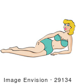 #29134 Royalty-Free Cartoon Clip Art Of A Sexy Blond Woman Wearing A Blue Bikini And Reclining On A Beach In The Summer
