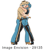 #29135 Royalty-Free Cartoon Clip Art Of A Strong Cowboy Wrapping A Beautiful Cowgirl In His Arms While Embracing Her In A Kiss